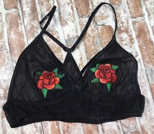 BodyRage Bra Womens Mesh Embroidered Roses Strappy Patch Size S/M Petit